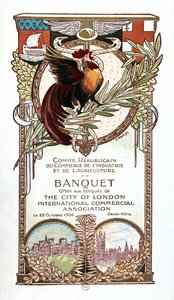 Tupp och monument, bankettmeny för den republikanska kommittén för handel, industri och jordbruk erbjuds 22.11.1906 till delegaterna från City of Londons internationella kommersiella sammanslutning av Nathan Weill
