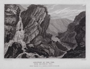 Junction of the Ure, med Mossbeck Fell (gravyr) av Nathaniel (after) Whittock