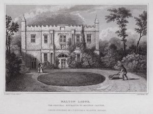 Malton Lodge, den ursprungliga ingången till Malton Castle (gravyr) av Nathaniel (after) Whittock