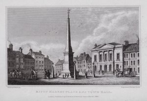 Ripon marknadsplats och rådhus (gravyr) av Nathaniel (after) Whittock