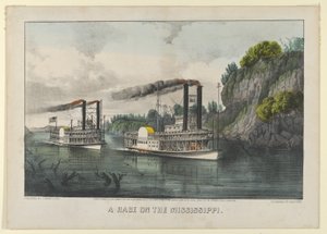 A Race on the Mississippi, 1870., 1870. Skapare: Nathaniel Currier, James Merritt Ives, Currier och Ives. av Currier and Ives