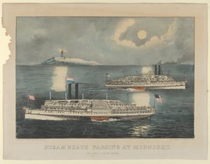 Ångbåtar passerar vid midnatt - på Long Island Sound, 1872-74., 1872-74. Skapare: Nathaniel Currier, James Merritt Ives, Currier och Ives. av Currier and Ives