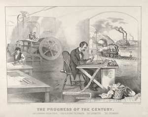Århundradets framsteg - The Lightning Steam Press. Den elektriska telegrafen. The Locom..., 1876. Skapare: Nathaniel Currier, James Merritt Ives, Currier och Ives.