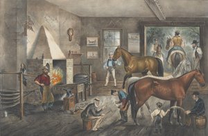 Trotting Cracks at the Forge, 1869., 1869. Skapare: Nathaniel Currier, James Merritt Ives, Currier och Ives. av Currier and Ives