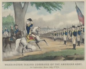 Washington tar kommandot över den amerikanska armén - i Cambridge, Massachusetts, 3 juli 17..., 1876. Skapare: Nathaniel Currier, James Merritt Ives, Currier och Ives. av Currier and Ives