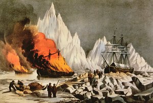 "Bränna vraken för att undvika fara för andra fartyg", från The American Whale Fishery av Nathaniel Currier