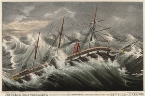 Ångfartyget President, världens största, under befäl av löjtnant Roberts under hans sista resa från New York (USA) till Liverpool (England), i stormen den 12 mars av Nathaniel Currier