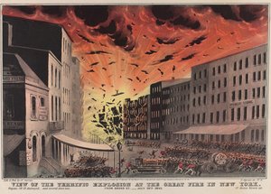 Vy över den fruktansvärda explosionen vid den stora branden i New York. Från Broad St. - 19 juli 1845 av Nathaniel Currier