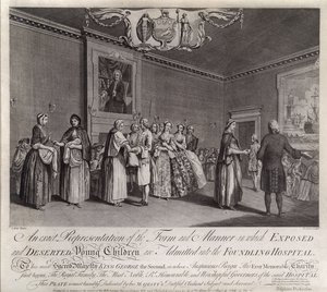 En exakt representation av den form och det sätt på vilket utsatta och övergivna barn tas in på Foundling Hospital, 1749.