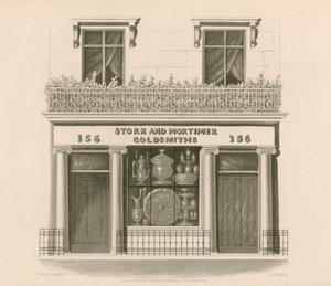 Butiksfasad i jonisk stil för Messrs Storr and Mortimer, guldsmeder och juvelerare, nr 156, Bond Street, London. av Nathaniel Whittock
