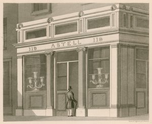 Butiksfront för Astell, Wine and Spirit Warehouse, Grafton Street, Tottenham Court Road av Nathaniel Whittock