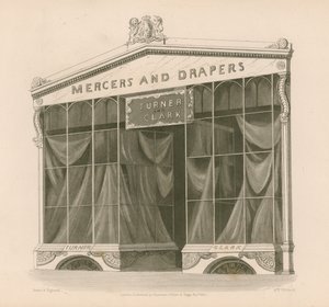 Butiksfront för Mrs Turner och Clark, Mercers and Drapers, Coventry Street, London av Nathaniel Whittock