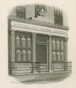 Shoppa framsidan av Godfrey och Cooke, Chemists, Conduit Street, London av Nathaniel Whittock