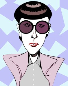Edith Head, amerikansk kostymdesigner (1907-1981), färgkarikatyr med mörka glasögon. av Neale Osborne