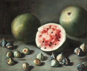 Vattenmeloner och fikon på en stenkant av Neapolitan School