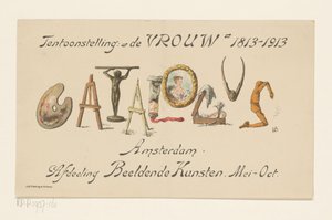 Annonskort för utställningen De Vrouw, 1813-1913 (titel på föremål) av Nelly Bodenheim (signed by artist)