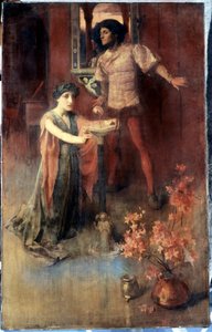 "En kvinna står på knä framför en kristallkula och bakom henne väntar en man med en blandning av rädsla och nyfikenhet. Målning av Nelly Erichsen (verksam ca 1882-1893) Privat samling