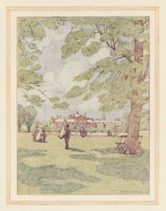 Kensington Palace från trädgården (färglitografi)