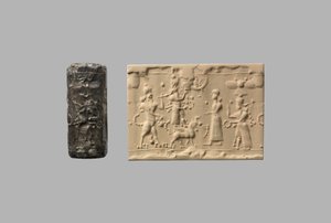 Cylinderförsegling med skorpion-man och modernt intryck, c.700–700-talet f.Kr. (kvarts, kryptokristallin) av Neo Assyrian