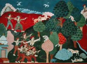En kung som tillbringar sina dagar med att döda fattiga gaseller utan anledning, senare, i ett annat liv, är han gasell och dödas av jägare, detalj från Swayambhu Purana, viktig buddhistisk helig text i Nepal, gouache, nepalesisk civilisation av Nepalese School
