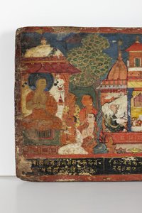 Detalj från ett buddhistiskt manuskriptomslag (ogenomskinlig wc på trä)