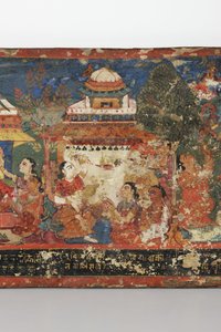 Detalj från ett buddhistiskt manuskriptomslag (ogenomskinlig wc på trä)