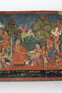 Detalj från ett buddhistiskt manuskriptomslag (ogenomskinlig wc på trä)