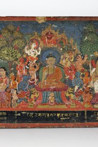 Detalj från ett buddhistiskt manuskriptomslag (ogenomskinlig wc på trä)