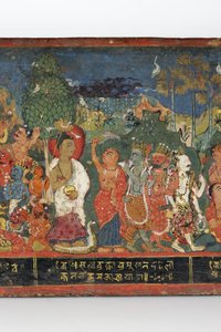 Detalj från ett buddhistiskt manuskriptomslag (ogenomskinlig wc på trä)