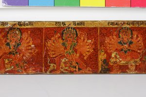 Detalj från ett Devimahatmya-manuskriptomslag (ogenomskinlig wc på trä) av Nepalese School