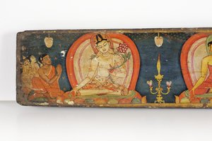 Manuskript av De fem skydden, främre omslaget, 1138 (ogenomskinlig wc och bläck på trä)