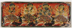 En av ett par manuskriptomslag som föreställer Devi som de åtta mödrarna (wc på trä) av Nepalese School