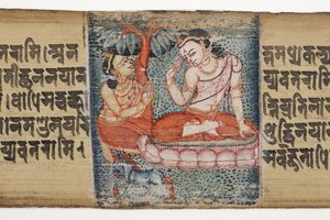 Sudhana knäböjer framför en bodhisattva, från Gandavyuha (ogenomskinlig wc och bläck på palmblad)