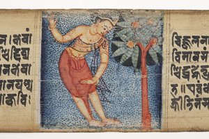 Sudhana som står bredvid ett träd, från Gandavyuha (ogenomskinlig wc och bläck på palmblad) av Nepalese School