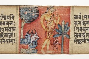 Sudhana reser genom ett stenigt landskap med två tjurar, från Gandavyuha (ogenomskinlig wc och bläck på palmblad) av Nepalese School