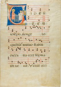 Joseph och hans bröder vid brunnen, initial V från ett antifonarium