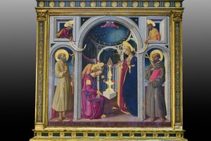 Bebådelsen mellan Franciskus och Hieronymus (målning på pannå) av Neri di Bicci