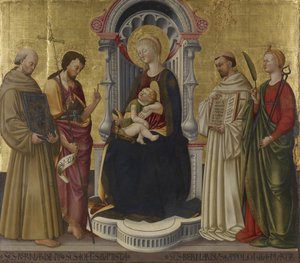Jungfru och barn tronade med fyra heliga, ca 1450 (tempera och guld på panel) av Neri di Bicci