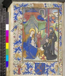 Lägg till 17440 f.13v Virgin of the Lily med beskyddaren Willem van Bossunt, från Ghent Missal av Netherlandish School