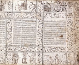Upplyst manuskript i sefardisk skrift, som visar scener av holländskt liv och Bibeln med blomkartuscher, 1600-talet av Netherlandish School