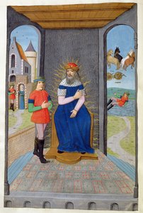 Ms 324 f.25 v. Phaeton lånar en vagn av sin far och dödas, från Metamorphoses 2 av Ovid, 1479 av Netherlandish School