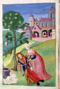 Ms 324 f.44 v. Alcithoe, Pyramus och Thisbe, Mulberry tree ändrar färg, från Metamorphoses av Ovid, 1479