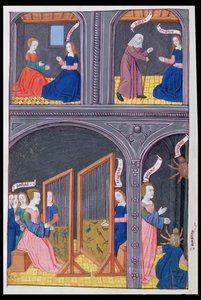 Ms 324 f.62 v. Arachne utmanar Pallas och blir en spindel, från Metamorphoses 6 av Ovid, 1479