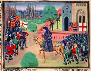 Roy 18 E I f.165v Bondeuppror som visar banderollerna från England och St. George, John Ball visas ledande rebellerna, illustration från 