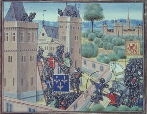 Royal 18 E.1 fol.345 The Capture of Wark Castle av fransmännen och skottarna, från bok II av 