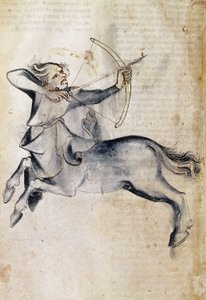 Sloane 3983 f.9v Ritning av Skytten; från en översättning av en persisk astrologisk avhandling, "Liber Astrologiae" (vellum) av Netherlandish School