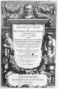 Titelsidan för Historia Plantarum Libri Ten av Theophrastus (c.372-c.287 f.Kr.) publicerad i Amsterdam 1644 av Netherlandish School
