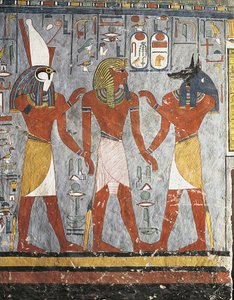 Farao mellan gudarna Harsiesis och Anubis