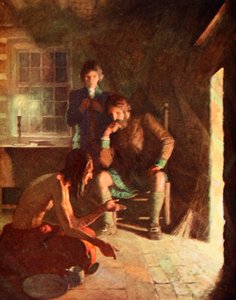 Indian Longthought-möte i ett tidigt nybyggarhem (färg litho) av Newell Convers (after) Wyeth