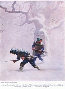 Och Lawless höll ett halvt steg framför sin följeslagare och höll huvudet framåt som en jakthund på doften - studerade sin väg, 1916 av Newell Convers Wyeth